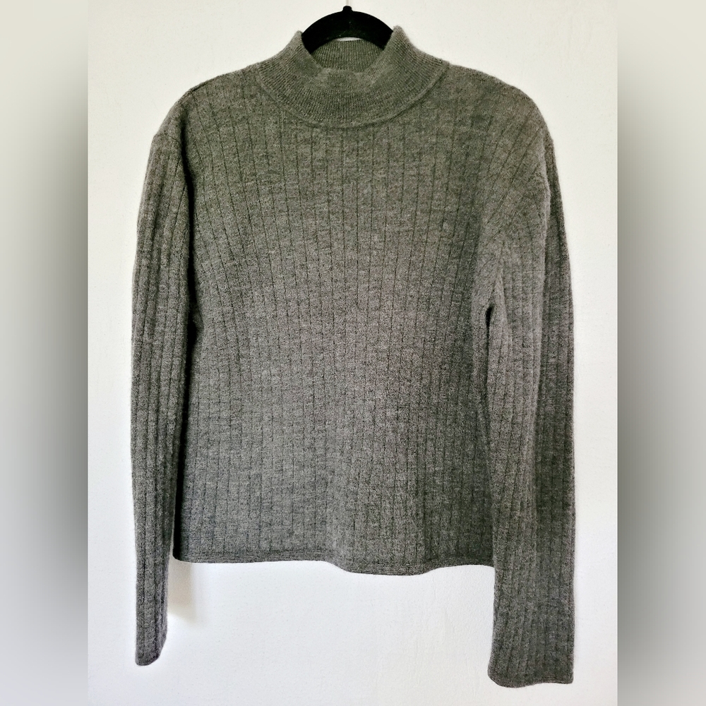 Amber Stone Women's 100% Pure Merino Wool Cropped Sweater Ribbed Gray Large